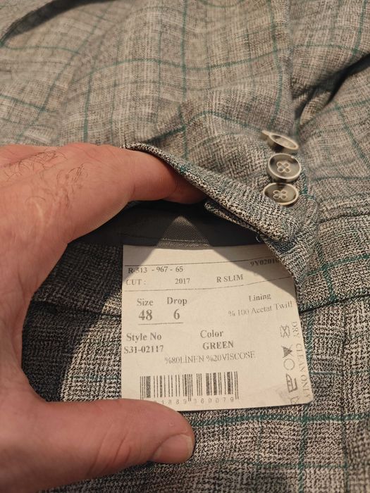 Мъжки костюм, зелено райе лен Carducci подарък Риза и подгъв панталон