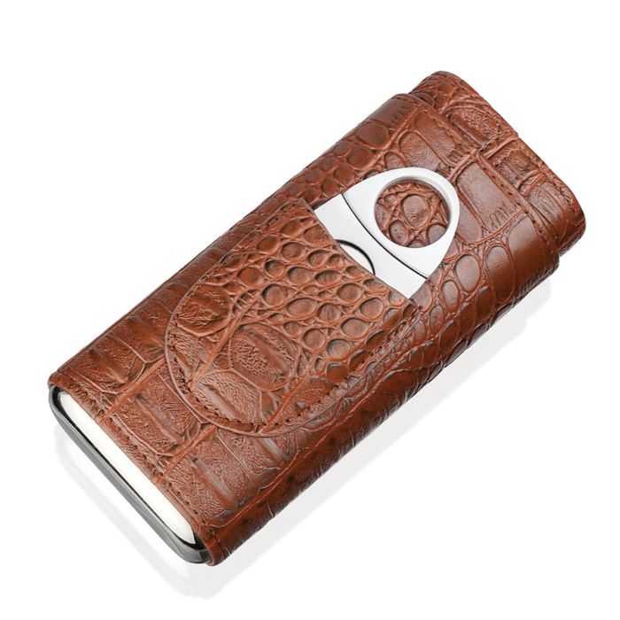 Кожен калъф за 3 пури с кедрово дърво + резачка (крокодилски ефект)