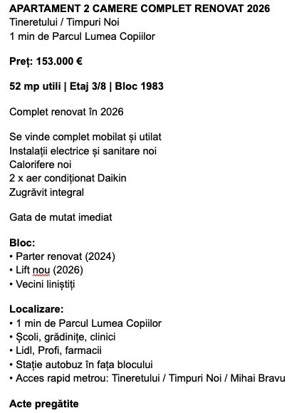 De vanzare apartament 2 camere Bucuresti, Tineretului - Timpuri Noi