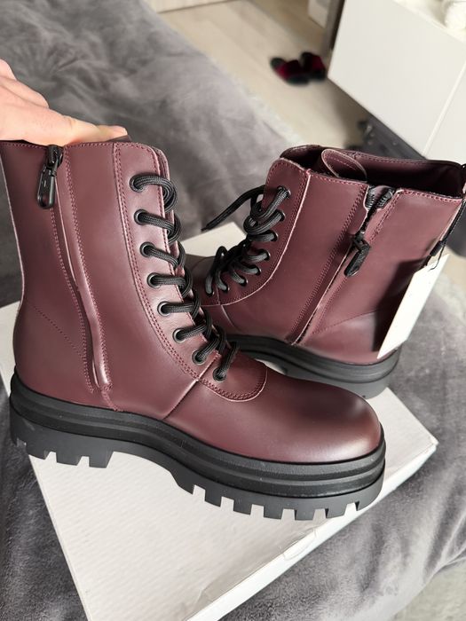 Calvin Klein Jeans Bocanci cu sireturi si fermoar piele visinie 42 noi