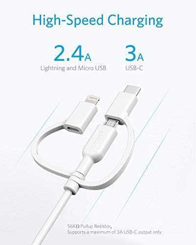 Anker Powerline II 3 in 1 USB-micro+USB-C+Lightning кабел,черен/бял