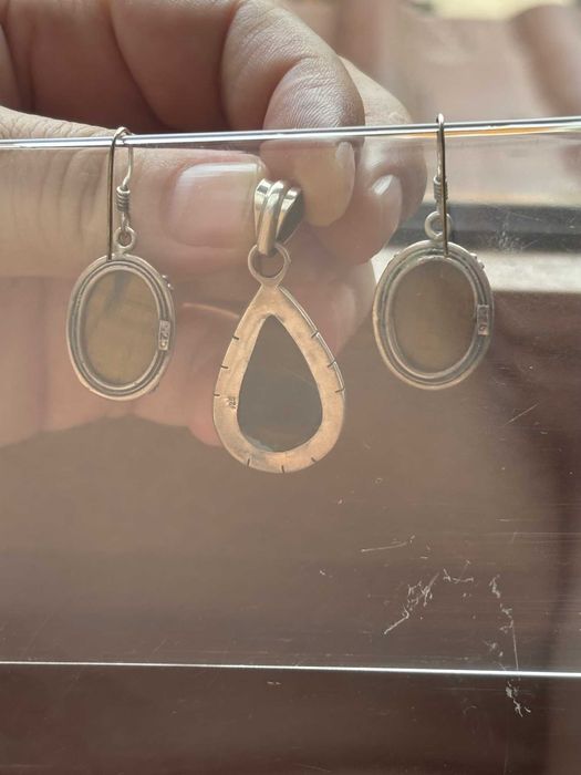 Set argint 925+piatră ochi de tigru/cercei+pandantiv/lucrat manual/17g