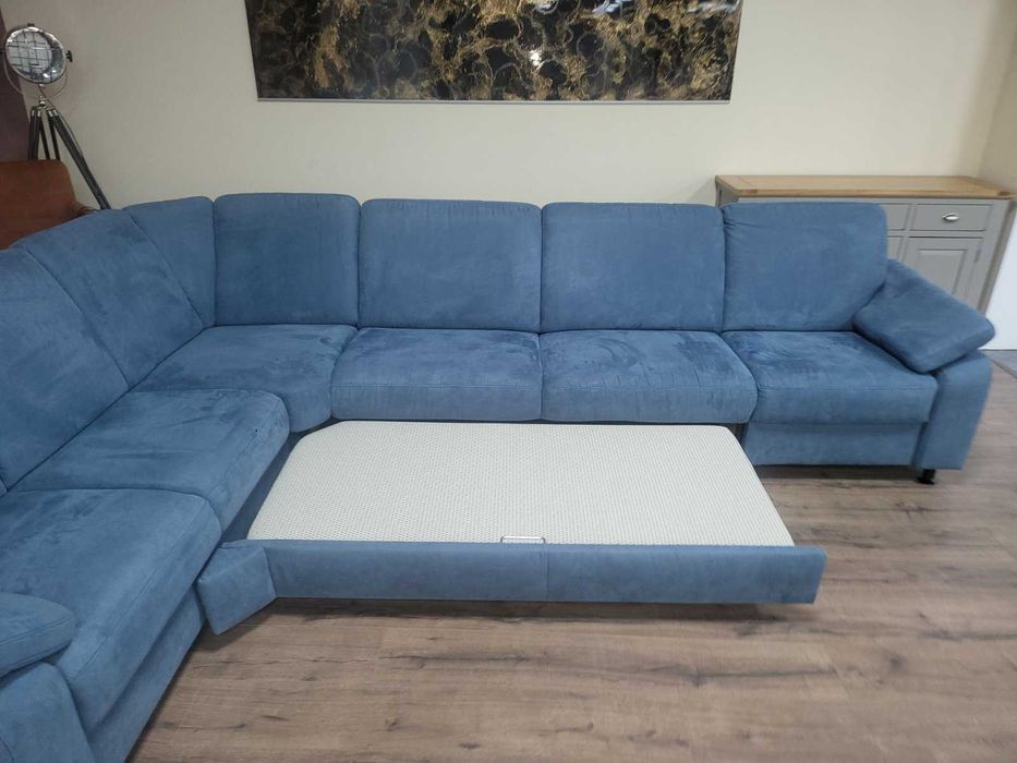 Син ъглов диван от плат с фунция сън MM-ZE1059