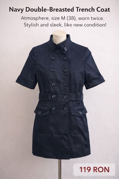 Trench superb elegant, cu mâneci scurte, bleumarin, Atmosphere, M(38)
