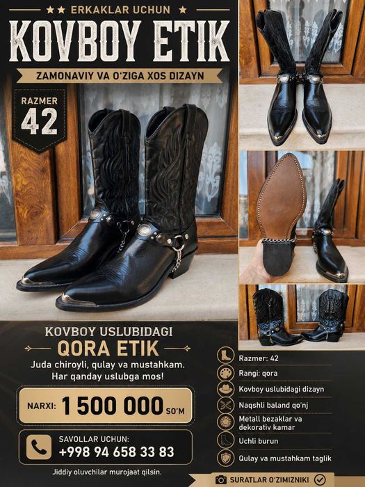 Erkaklar uchun qora kovboy etik — 42 razmer