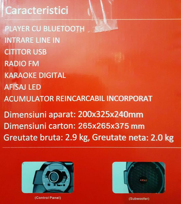 Boxa portabila Akai cu bluetooth,radio,usb si karaoke -noua,sigilata