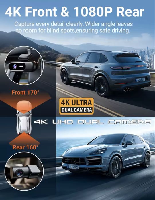 Camera Video Auto/Dash cam DVR, fata si spate, 4K UHD Dual Channel Fata si Spate, 2160p, Wifi + Modul de parcare