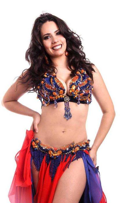 Costum Belly Dance Oriental Profesionist Designer Albastru/Portocaliu