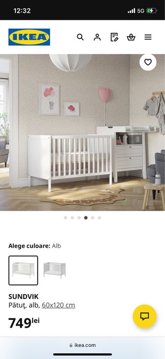 Patut copii, alb, 60x120 cm + saltea