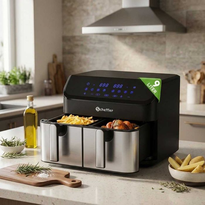 Фритюрник с горещ въздух XXL 9L, 2 камери, 8 програми, Двойно готвене & Синхронизиран финал