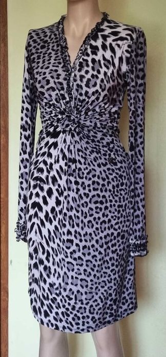 Rochie midi Roberto Cavalli, jersee de matase naturala 95%, animal print/leopard, marimea L