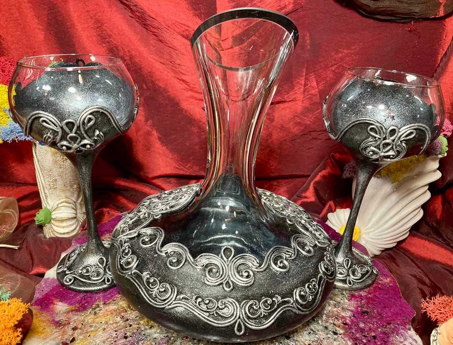 Сет от три части в сребро ръчна изработка-декантер с две чаши за вино