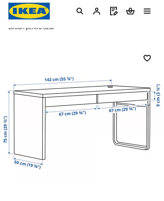 Birou Micke IKEA 142x50 cm