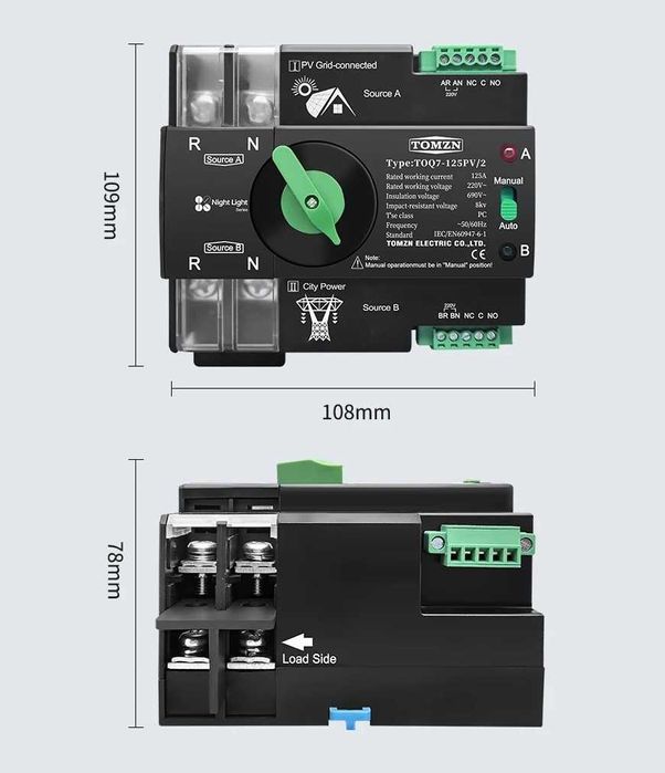 Comutator ATS TOMZN , ATS, 2P sau 4P 125A, 220V 230V, retea + PV