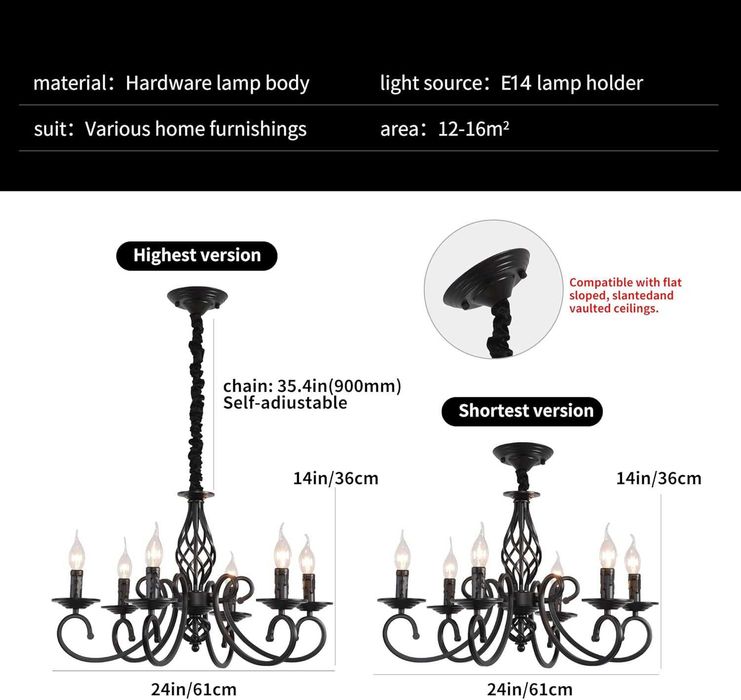 Candelabru rustic, Ganeed, lustra vintage, 6 brate, E14, negru