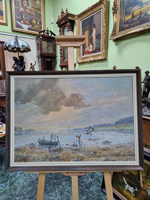 Страхотна антикварна белгийска картина масло върху платно