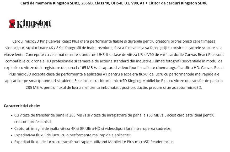 Card memorie Kingston Canavas React Plus  256GB  microSD  UHS-II