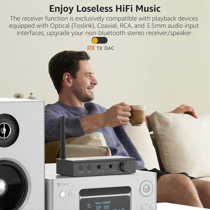 1Mii DS700 HiFi Bluetooth Audio Transmitter Receiver with LDAC with Audiophile DAC for TV Home Stereo, Optical & Coaxial Input/Output