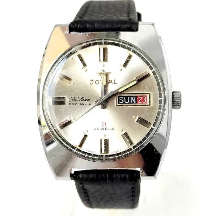 VINTAGE JOVIAL DE LUXE DAY-DATE 21 j. Мъжки механичен часовник с ръчно навиване, работещ, с нова кожена каишка.