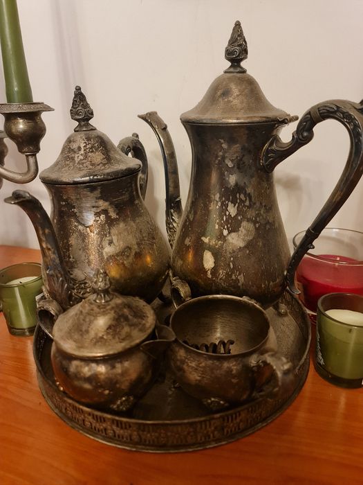 Set ceai, cafea alama argintata