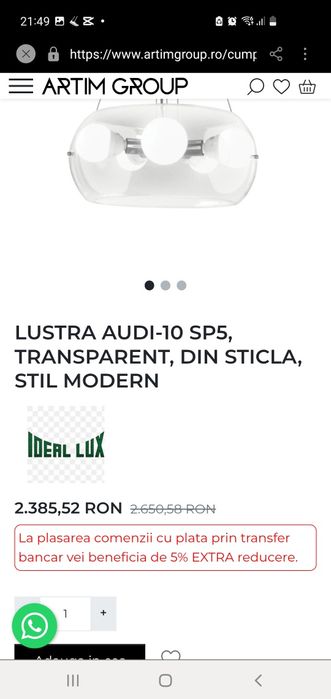 Lustra Audi - 10, SP5, din sticla, transparent