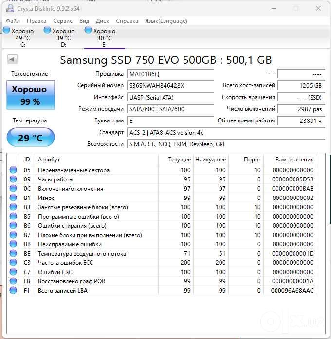 SSD Samsung 750 EVO 500 GB, SATA 2.5", здоровье 99%