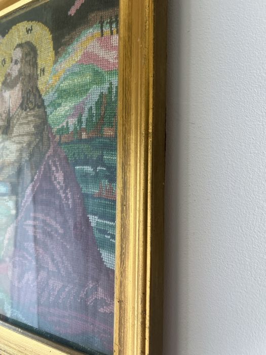 Goblen religios cusut manual, Isus in rugaciune, rama veche aurita