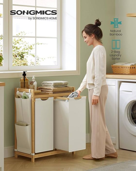 Бамбуков кош за пране SONGMICS 2x50L с рафт и странични джобове