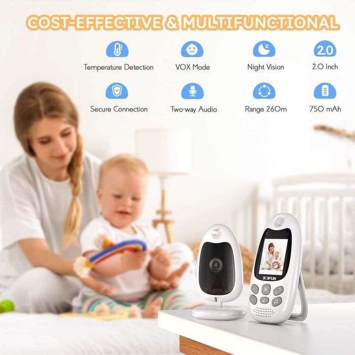 Чисто нов безжичен бебефон BOIFUN VB610 с камера, нощно виждане и ECO/VOX режим (Без Wi-Fi)