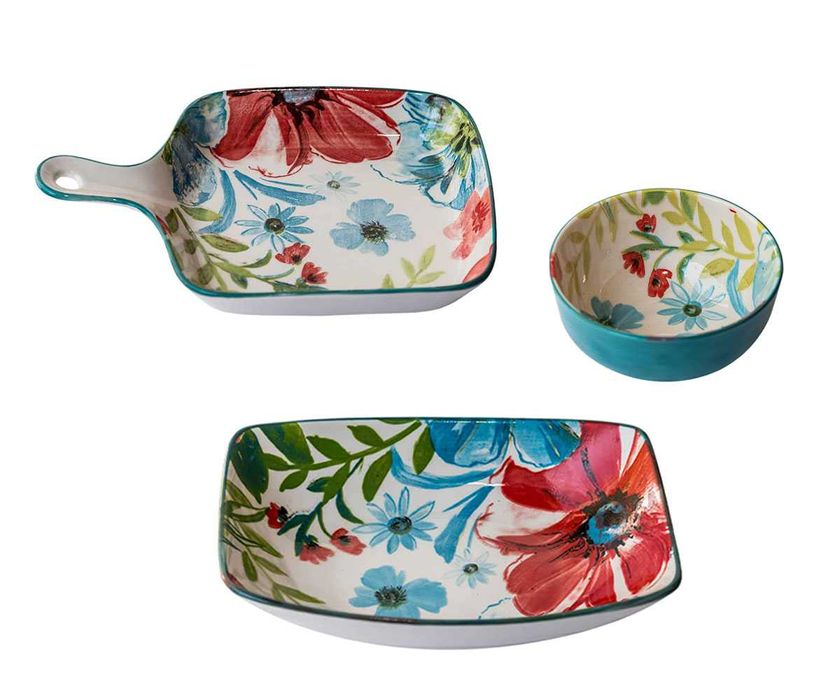 Цветен сервиз за хранене – съд за сервиране, плато и купичка, НОВИ