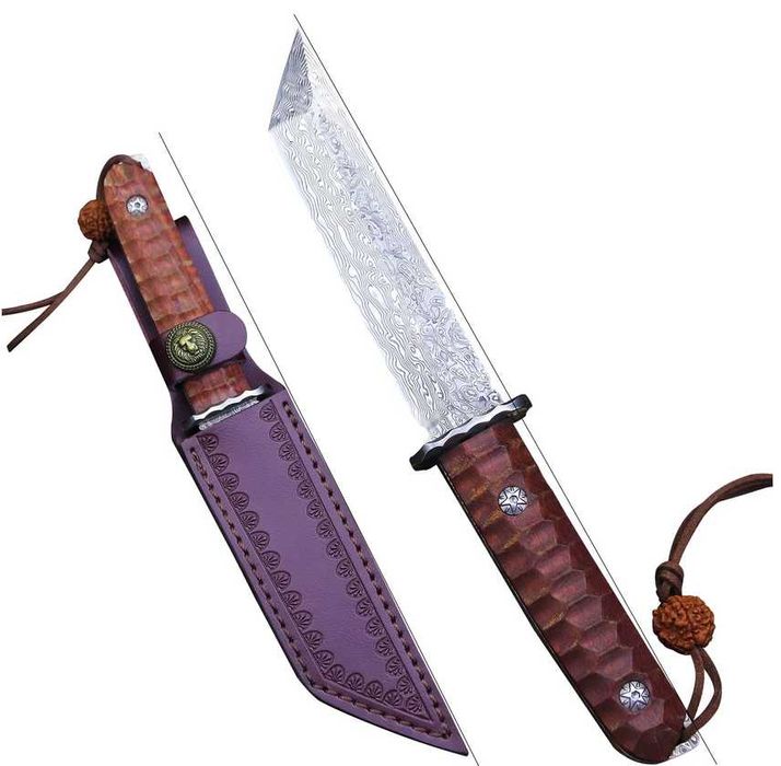 Cutit japonez Tanto, otel Damasc Full Tang, teaca piele