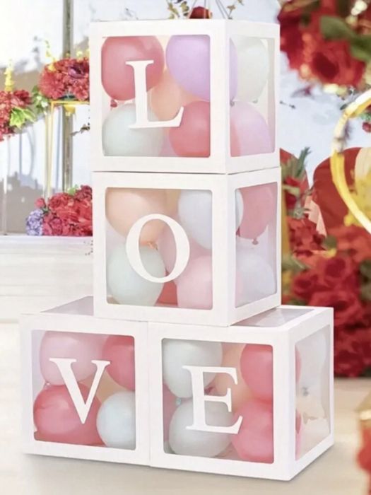 Бели Кутии за балони, украса Baby, One, Two, Three, Bride, Love