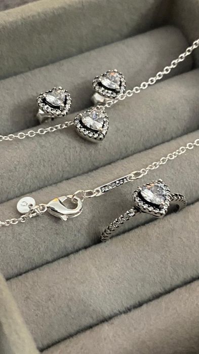 Oferta limitată! Set Complet Argint PANDORA  – Inel mărimea 54, Cercei și Lanț cu Inimă