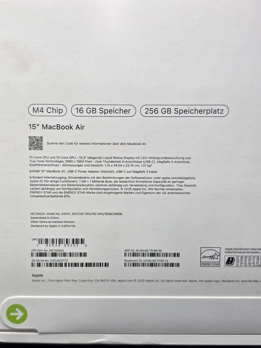 MacBook Air 15"/ M4/ 16gb Ram/ 256 SSD/ garantie/ SIGILAT,