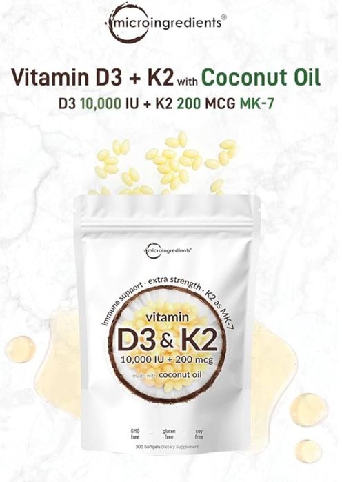 Vitamin d3 k2,10.000 iu + 200 mcg,kokos yogi bilan,d3,витамин д3-к2