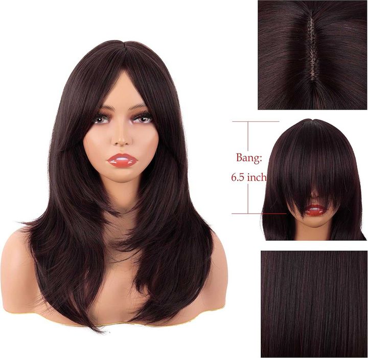 Синтетична тъмно кафява перука - 55 см с бретон и зиг-заг път