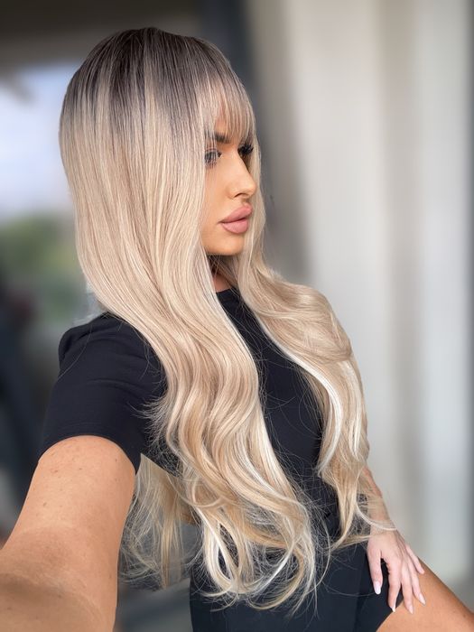 Peruca semi naturala blond nisipiu balayage lunga
