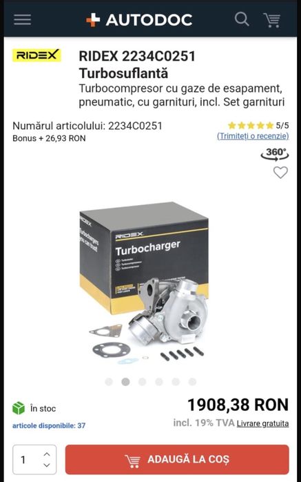 Turbina 1.5 dCi NOUĂ – RIDEX – Logan / Duster / Qashqai – 1200 lei