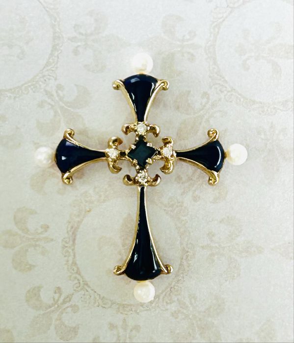 Cruciulita Faberge din aur 14K, email, diamante, perle, safir