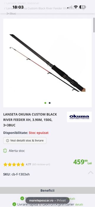 Vand 2 Lansete Okuma Custom Black River Feeder XH, 3.90m, 150g, 3+3buc