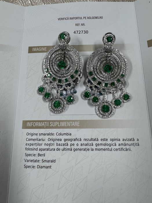 Cercei unicati Aur alb 18k cu Smaralde columbia si Diamante