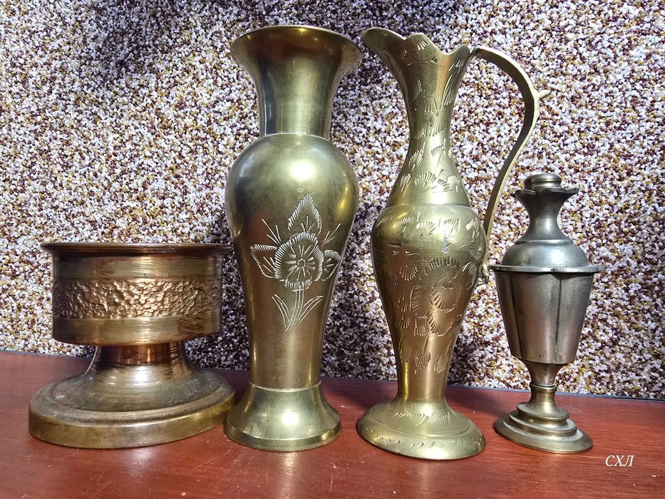 Лот медни антики - кана, амфора, вазичка, парфюмник, мастилница