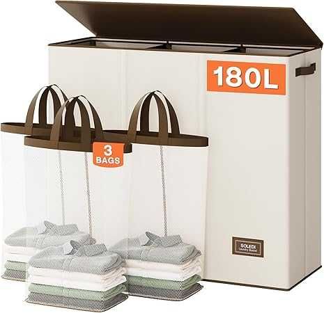 Coș de rufe SOLEDI, 3 compartimente, capac inclus, 3 saci, 180 l