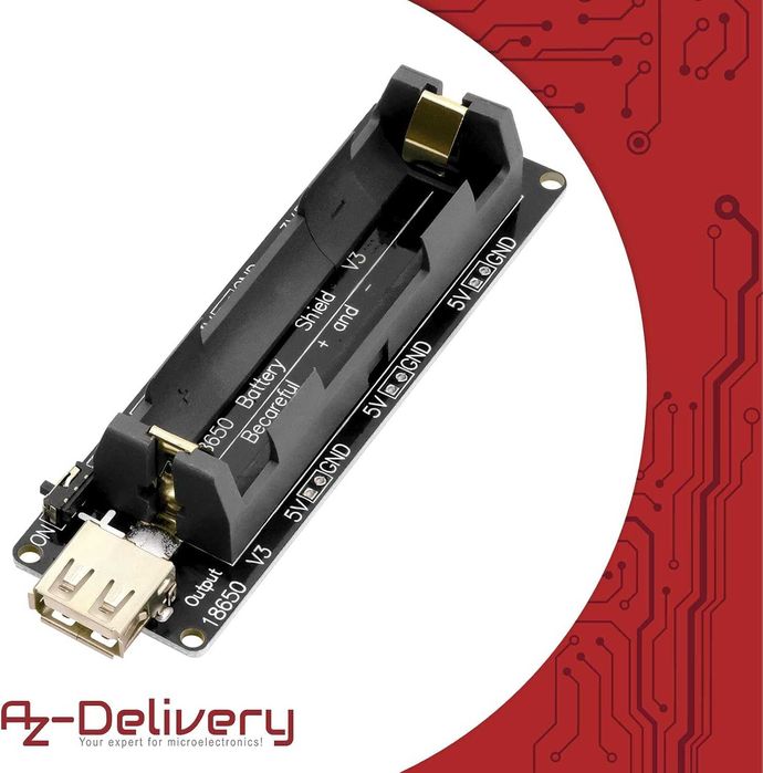 AZDelivery Разширителен щит за батерия, 18650, V3, с USB кабел