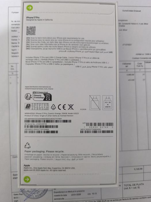 Vând s-au schimb iPhone 17 Pro 5G Cosmic Orange 25GB Nou