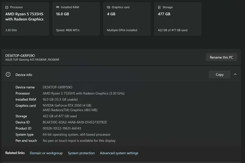 ASUS TUF Gaming A15 FA506NF | Ryzen 5 7535HS | RTX 2050 4GB | 16GB DDR5 | 512GB SSD | 144Hz
