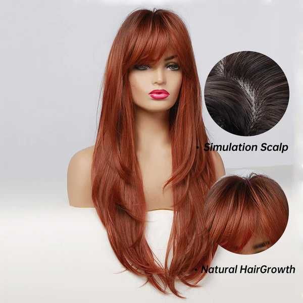 Дълга оранжева перука с тъмни корени и бретон