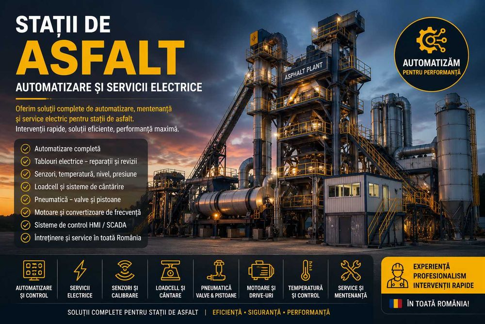 Expert Stații Asfalt: Reparații, Automatizări, Panouri Electrice, Cântare (Loadcell), Arzătoare, Pneumatică & Senzori. Intervenții Rapide 24/7!