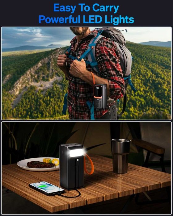 Нова 50000mAh външна батерия с вградени кабели, 7 изхода и 3 входа