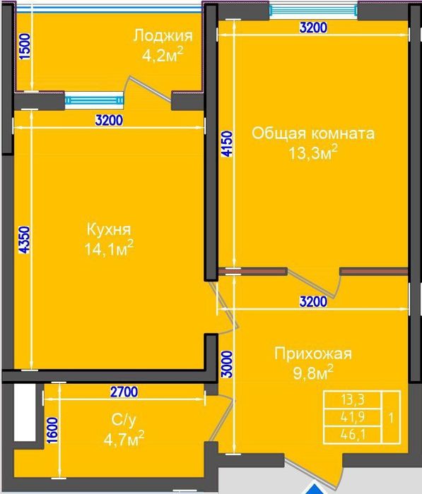 1-комнатная квартира, 46 м², Сергелийский район 7